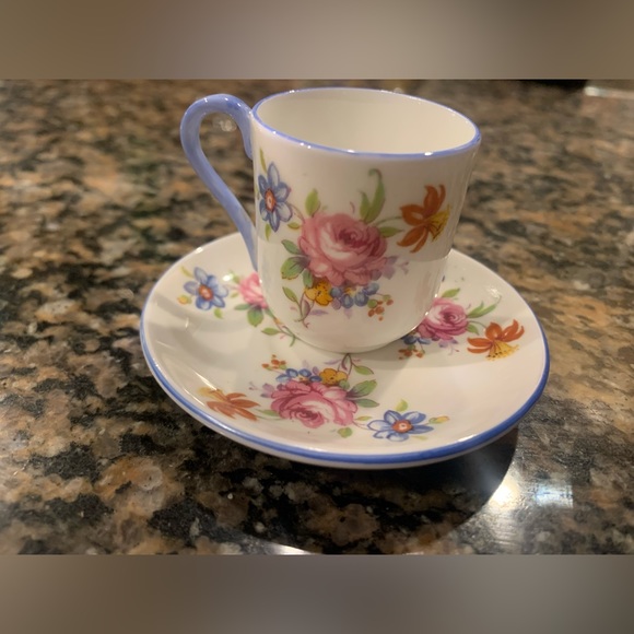 Miniature Shelley England Tea Cup and Saucer Rose Floral with Blue Trim - Picture 6 of 10